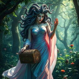 A mesmerizing female Medusa wearing a beautiful, flowing dress that elegantly drapes around her, crafted from iridescent fabric that reflects the colors of the enchanting forest
