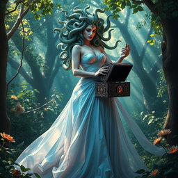 A mesmerizing female Medusa wearing a beautiful, flowing dress that elegantly drapes around her, crafted from iridescent fabric that reflects the colors of the enchanting forest