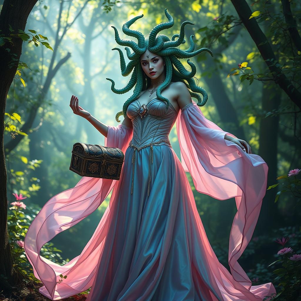 A mesmerizing female Medusa wearing a beautiful, flowing dress that elegantly drapes around her, crafted from iridescent fabric that reflects the colors of the enchanting forest