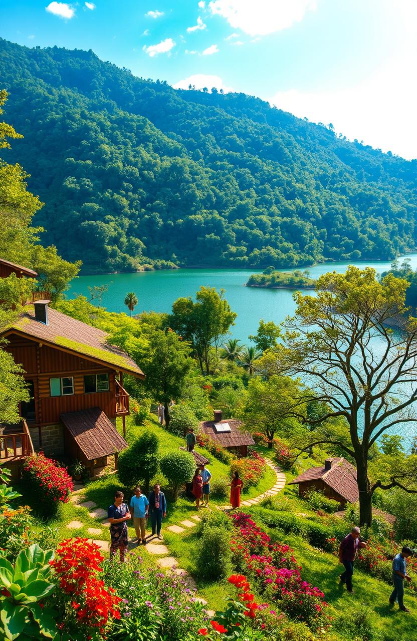 A stunning landscape showcasing the beauty of ecotourism in Maharashtra, featuring lush green forests, picturesque hills, and vibrant flora