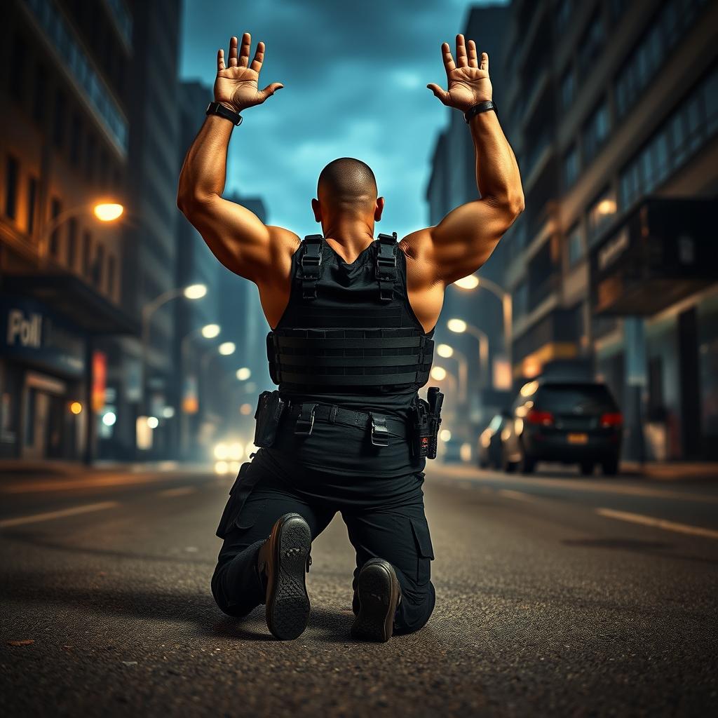A fully geared policeman kneeling down on a gritty urban street, his hands raised in the air, visibly ready to be cuffed