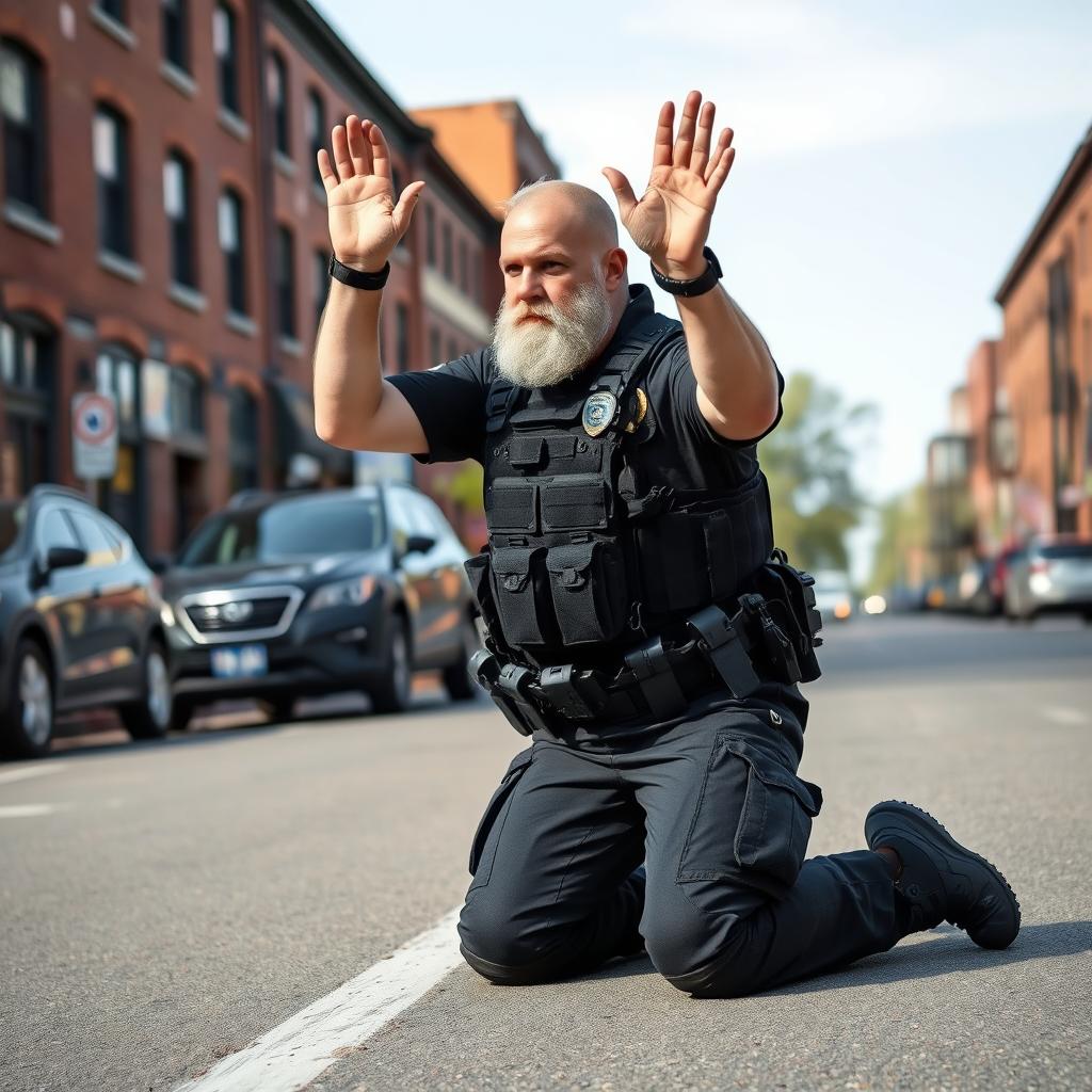 A fully geared white short-bearded policeman kneeling down on a city street, his hands raised in the air as if ready to be cuffed