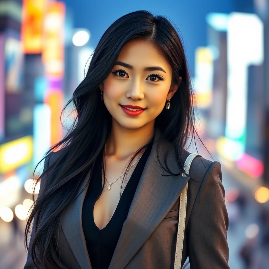 A stunning portrait of Azumi Nakama, a beautiful young woman with long, flowing black hair and enchanting dark eyes, styled in a modern, fashionable outfit