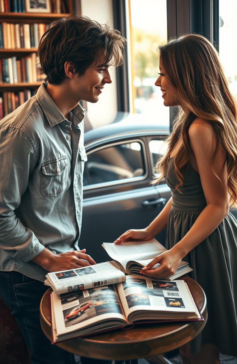 A romantic scene of two young lovers passionately discussing their favorite cars and books