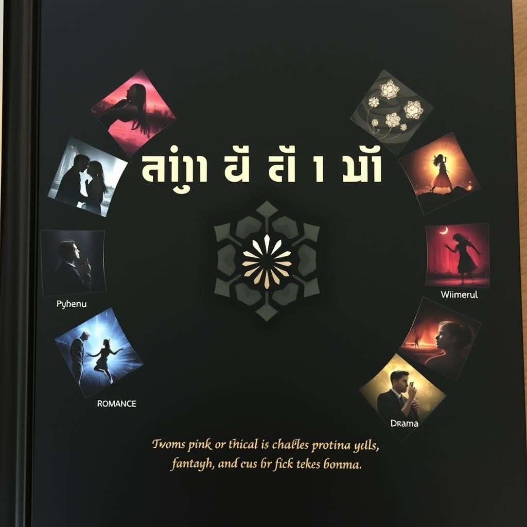 A dark and mysterious themed book cover showcasing small visuals representing various genres, arranged around the center