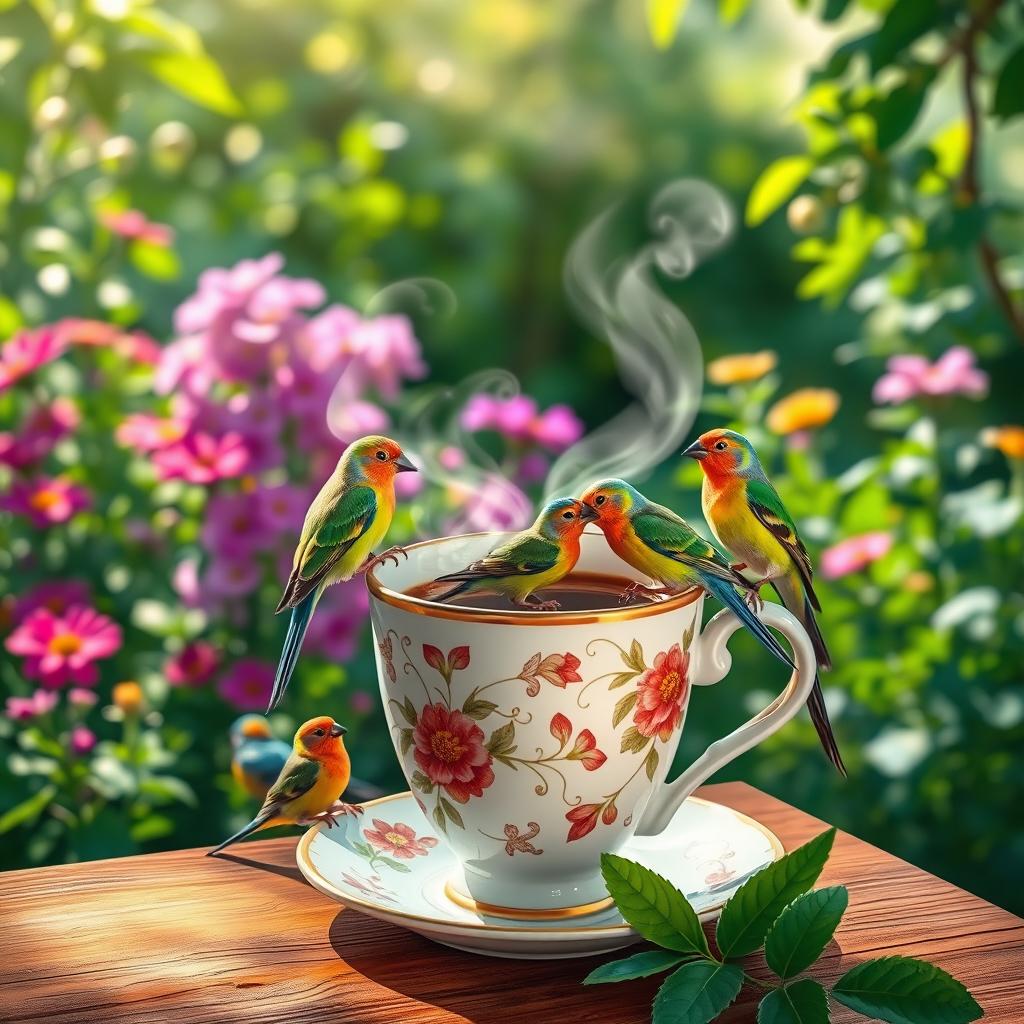 A tranquil scene featuring a variety of colorful birds perched on the rim of a steaming cup of coffee placed on a wooden table
