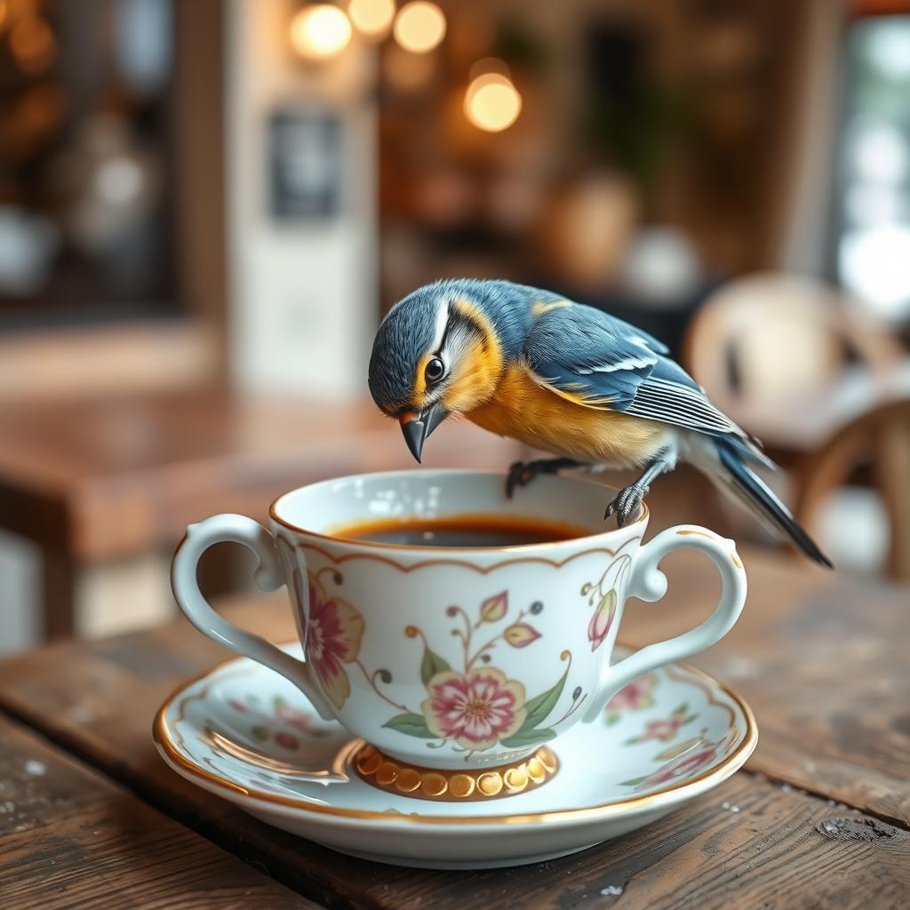 A cute, small bird perched on the edge of a delicate porcelain espresso cup, sipping espresso with a satisfied expression