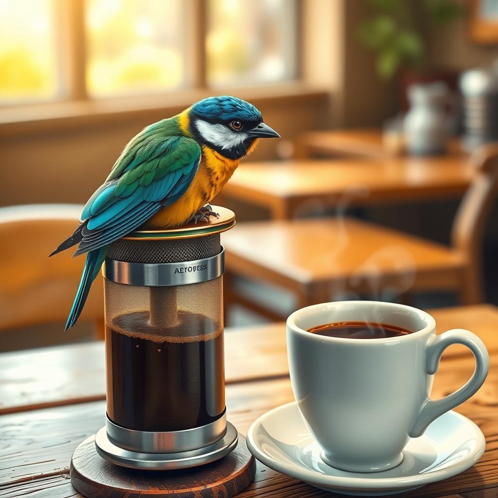 A vibrant and whimsical scene featuring a small, colorful bird perched on the edge of a vintage Aeropress coffee maker