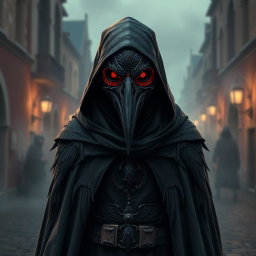 A full-body medieval plague doctor design featuring a detailed raven mask that emphasizes gothic elements and includes a prominent third eye situated at the center of the forehead, symbolizing perception and mystery