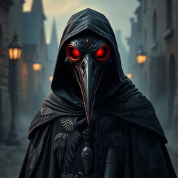 A full-body medieval plague doctor design featuring a detailed raven mask that emphasizes gothic elements and includes a prominent third eye situated at the center of the forehead, symbolizing perception and mystery