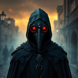 A full-body medieval plague doctor design featuring a detailed raven mask that emphasizes gothic elements and includes a prominent third eye situated at the center of the forehead, symbolizing perception and mystery