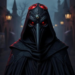 A full-body medieval plague doctor design featuring a detailed raven mask that emphasizes gothic elements and includes a prominent third eye situated at the center of the forehead, symbolizing perception and mystery