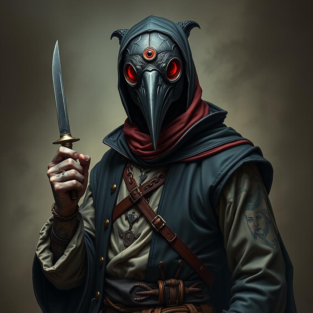 A full-body design of a medieval plague doctor, intricately detailed