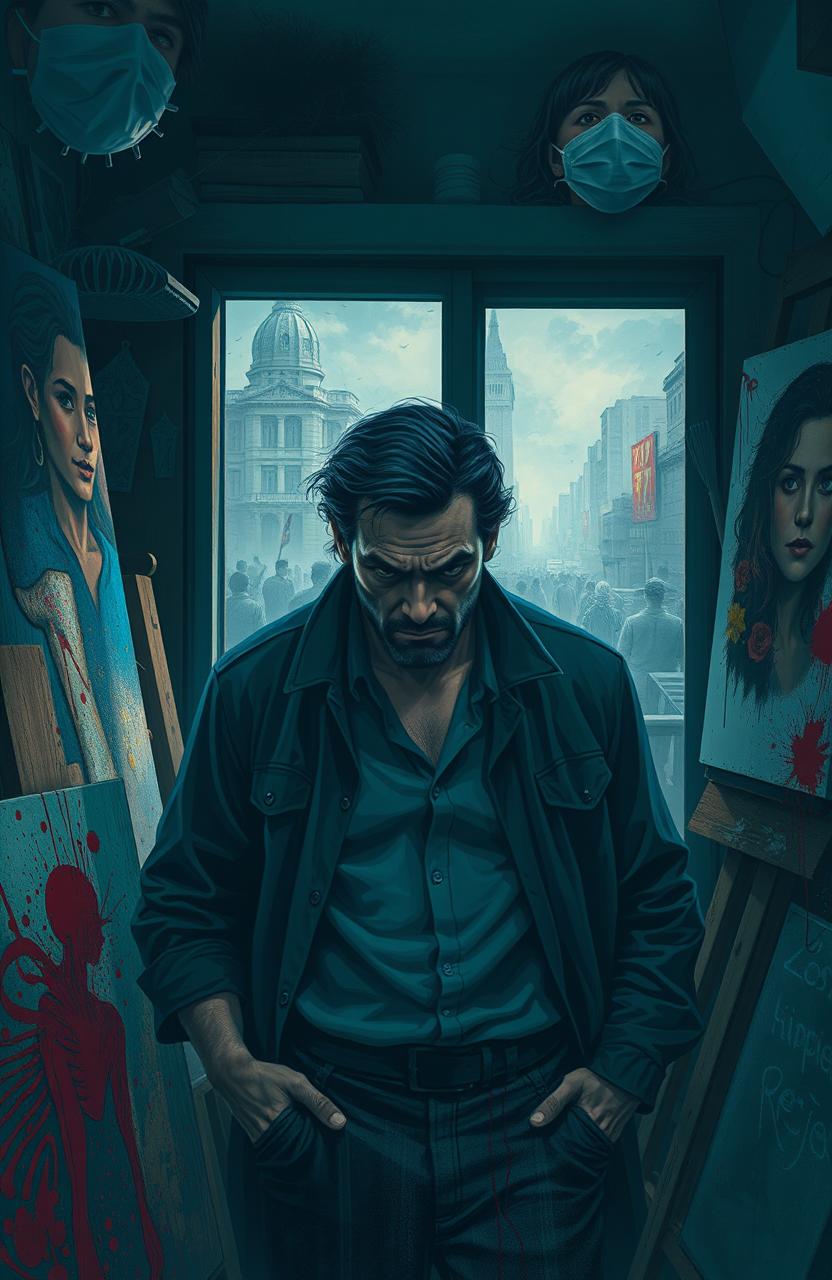 A dramatic scene depicting Estevão, an intense and determined artist, surrounded by his artwork in a cluttered studio