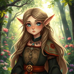 A whimsical medieval seasonal elf with flowing long hair and sparkling eyes, dressed in elegant attire that highlights their magical nature