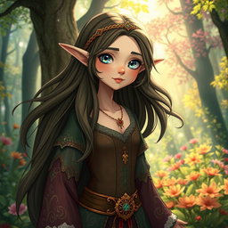 A whimsical medieval seasonal elf with flowing long hair and sparkling eyes, dressed in elegant attire that highlights their magical nature