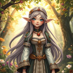 A whimsical medieval seasonal elf with flowing long hair and sparkling eyes, dressed in elegant attire that highlights their magical nature
