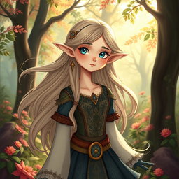 A whimsical medieval seasonal elf with flowing long hair and sparkling eyes, dressed in elegant attire that highlights their magical nature