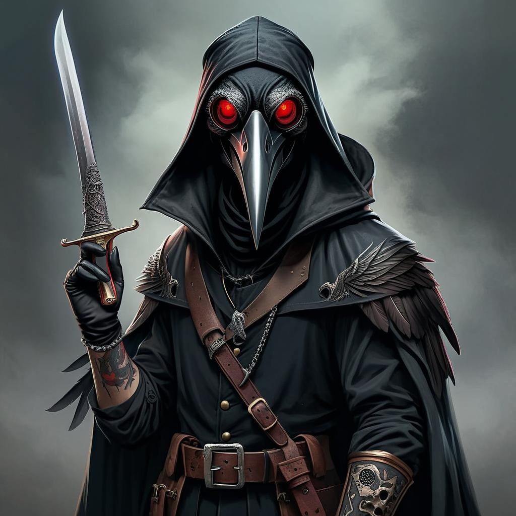 fullbody medieval plague doctor design with raven mask and red goggles and third eye and scalpel weapon and tattoos without hat