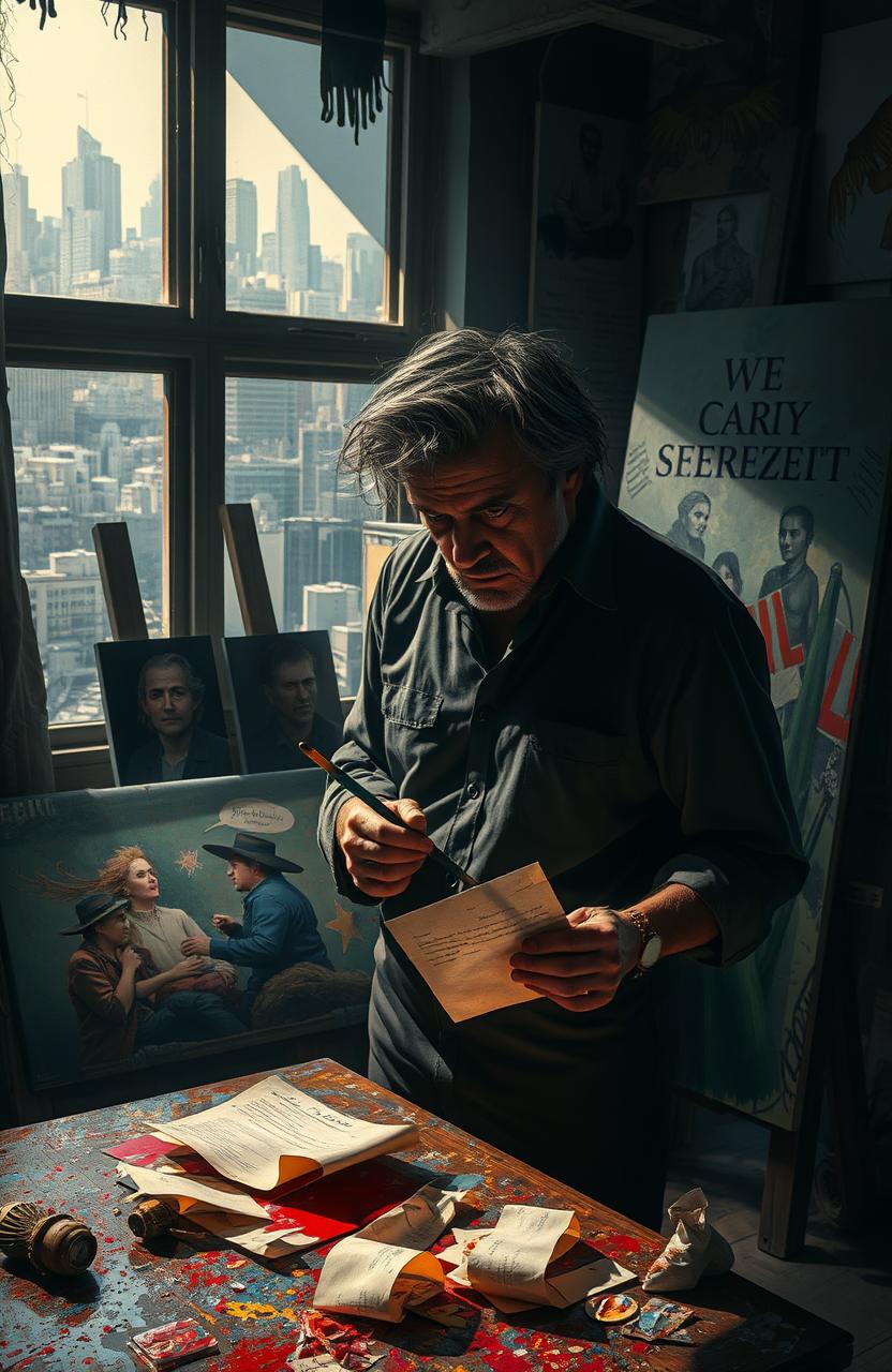 A dramatic scene featuring an artist named Estevão, standing in a dimly lit studio filled with canvases and paint splatters, looking distressed as he uncovers a dark family secret