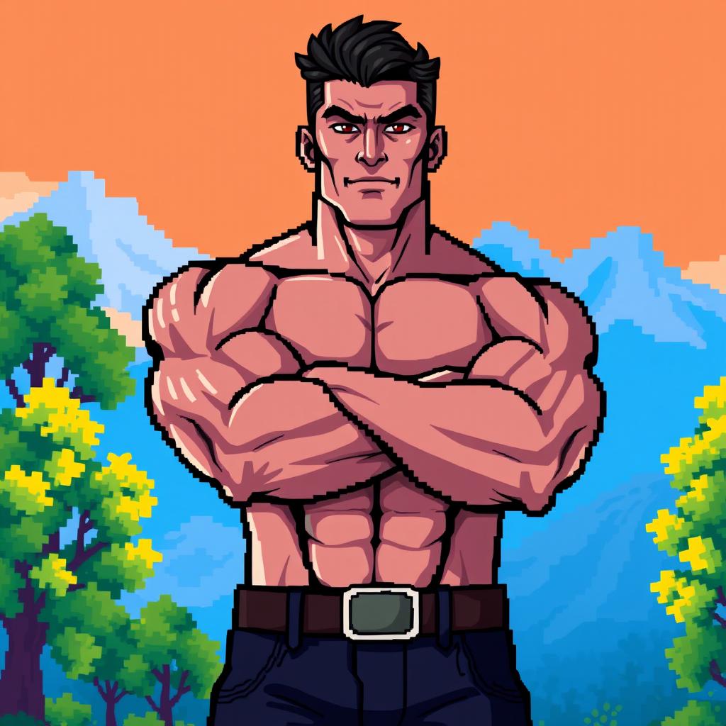 A pixel art style muscular man, showcasing defined abs and a strong physique, standing confidently with arms crossed