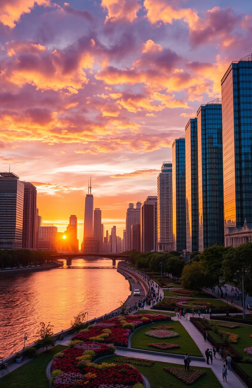 A vibrant city skyline at sunset, featuring modern skyscrapers with reflective glass windows, a serene river in the foreground, and colorful clouds painted in shades of orange and purple in the sky