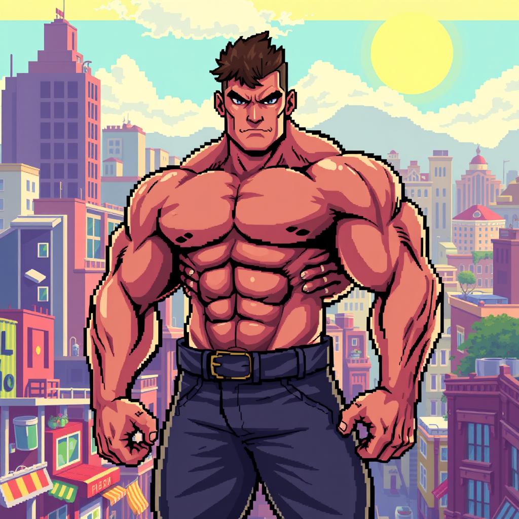 A 64-bit pixel art style muscular man, exhibiting a powerful physique with well-defined muscles, standing proudly with a dynamic pose