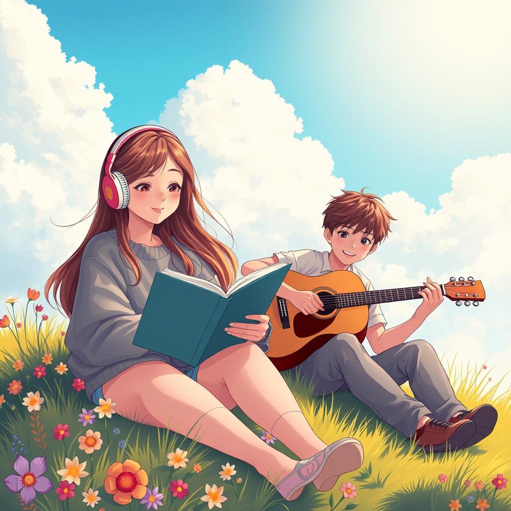 An illustration of a teenage girl wearing stylish headphones, immersed in her book while sitting on a grassy hill