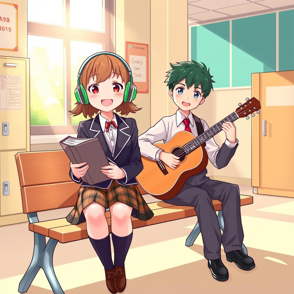 An illustration of a girl wearing headphones and holding a book while sitting on a school bench