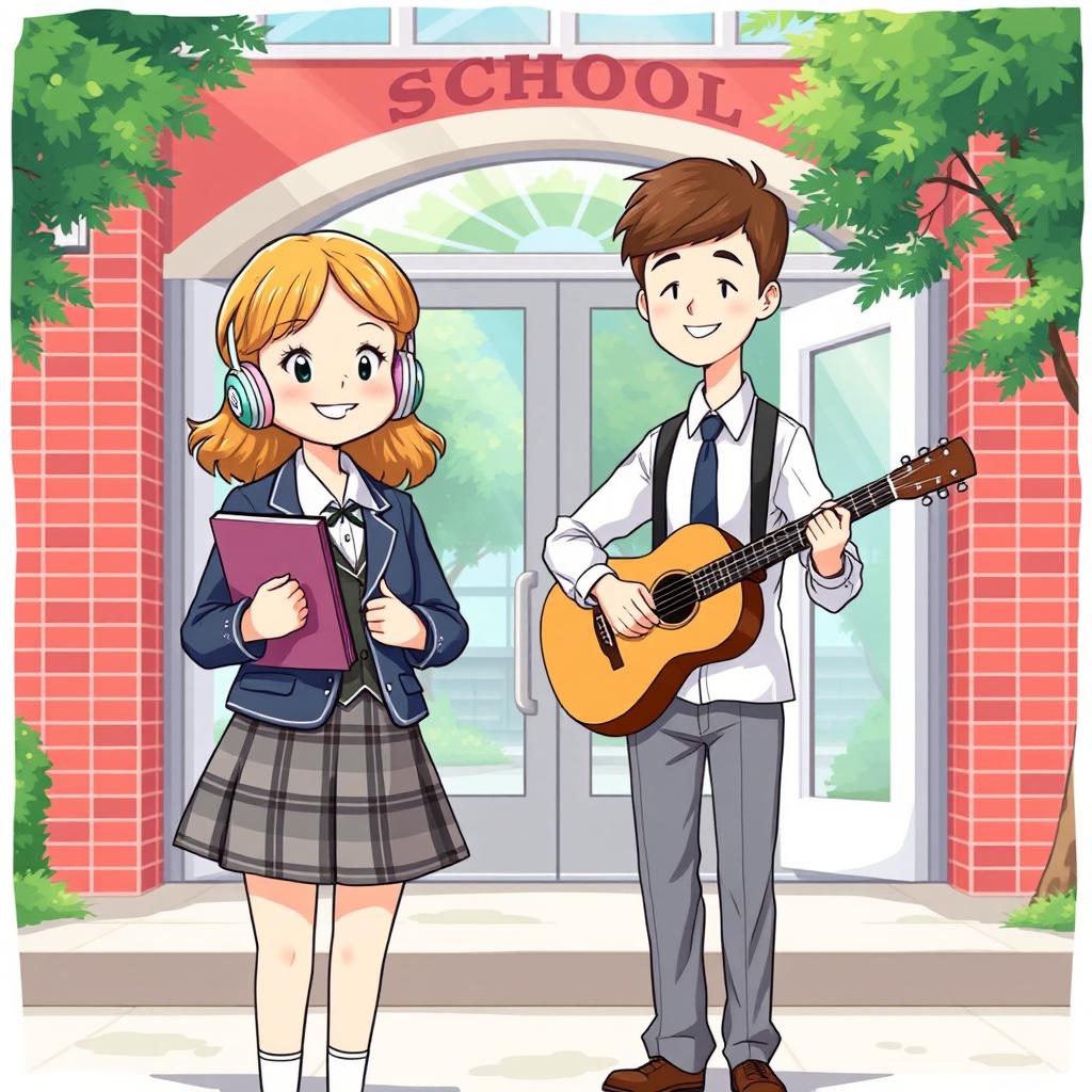 An illustration of a girl wearing headphones and holding a book, standing outside her school