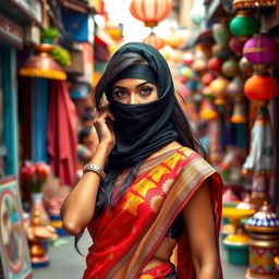 A hot Indian sexy woman gracefully wearing a colorful saree that highlights her alluring figure