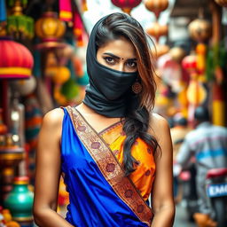 A hot Indian sexy woman gracefully wearing a colorful saree that highlights her alluring figure