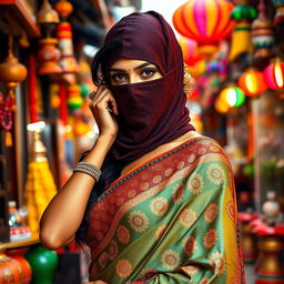 A hot Indian sexy woman gracefully wearing a colorful saree that highlights her alluring figure