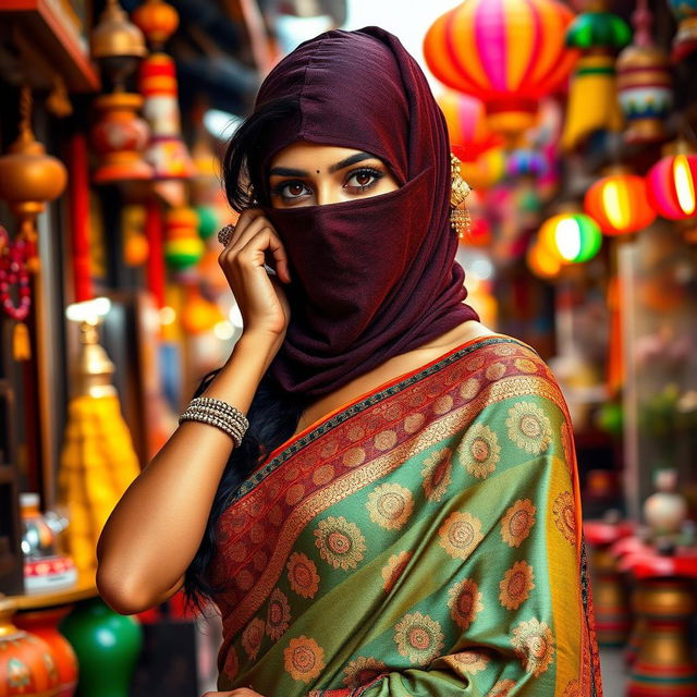 A hot Indian sexy woman gracefully wearing a colorful saree that highlights her alluring figure