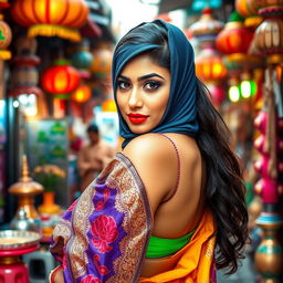 A hot Indian sexy woman gracefully wearing a colorful saree that highlights her alluring figure