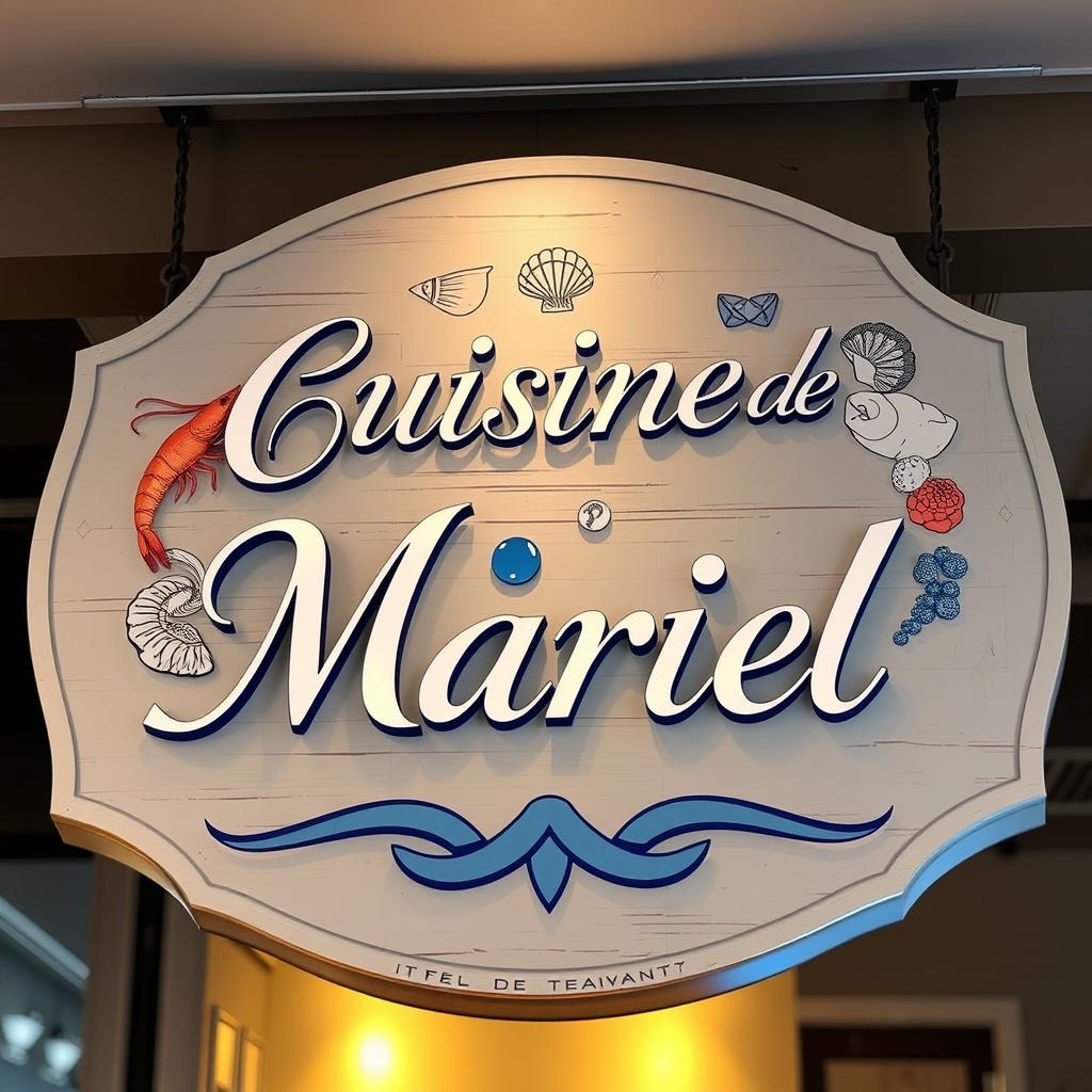 A beautifully designed restaurant signage for "Cuisine de Mariel," showcasing a nautical theme to reflect its focus on seafood