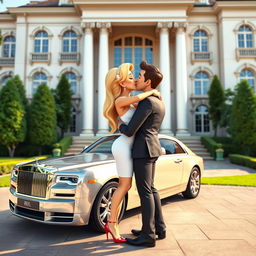 A sexy blonde rich 3D toon woman passionately kissing a man in front of an opulent mansion
