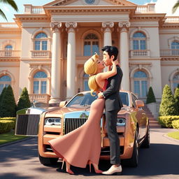 A sexy blonde rich 3D toon woman passionately kissing a man in front of an opulent mansion