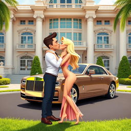 A sexy blonde rich 3D toon woman passionately kissing a man in front of an opulent mansion