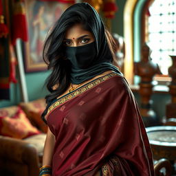 A hot Indian sexy girl wearing a beautifully draped saree that clings to her figure, accentuating her curves