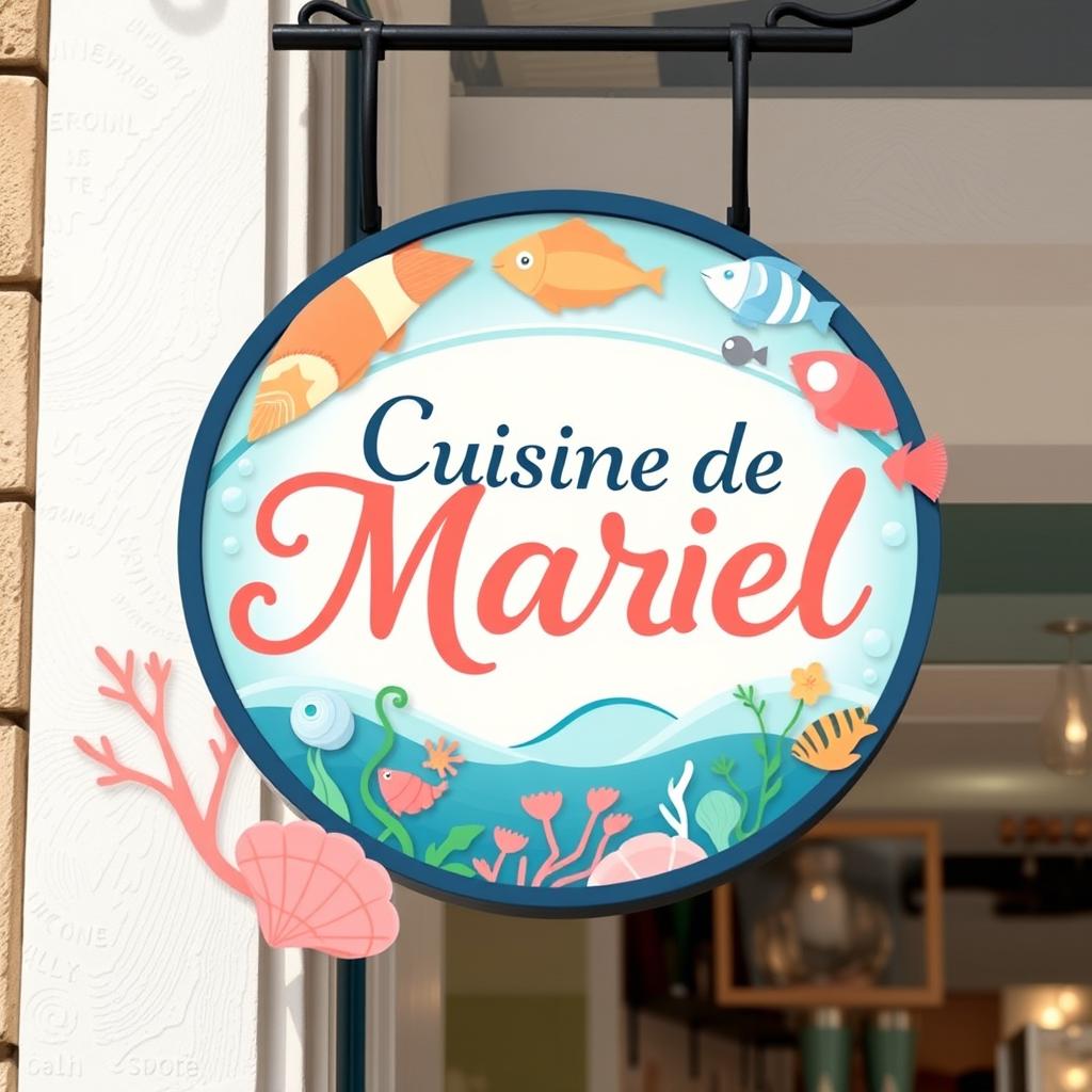 A charming and inviting restaurant sign for 'Cuisine de Mariel', featuring a whimsical underwater theme with vibrant colors