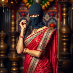 A hot Indian sexy girl elegantly dressed in a form-fitting saree that accentuates her curves beautifully