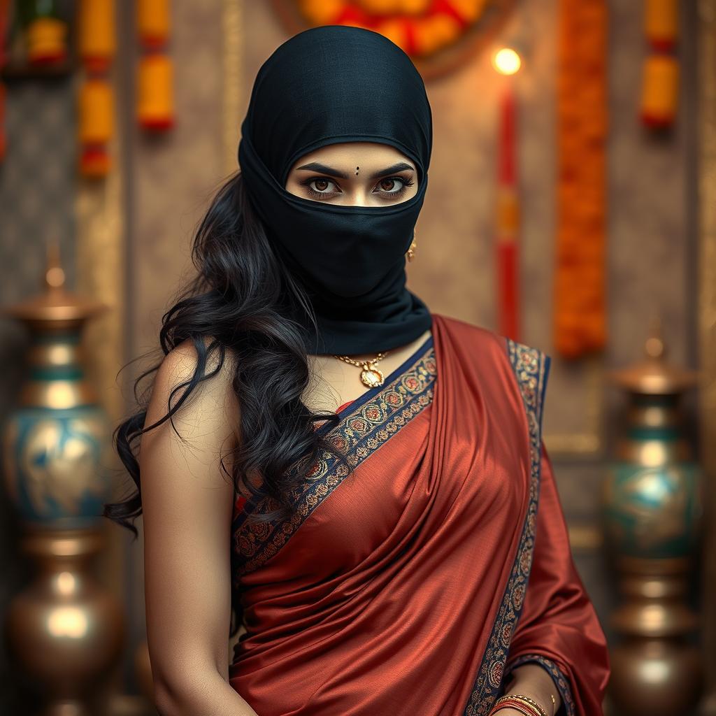 A hot Indian sexy girl elegantly dressed in a form-fitting saree that accentuates her curves beautifully