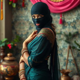 A hot Indian sexy girl elegantly dressed in a form-fitting saree that accentuates her curves beautifully