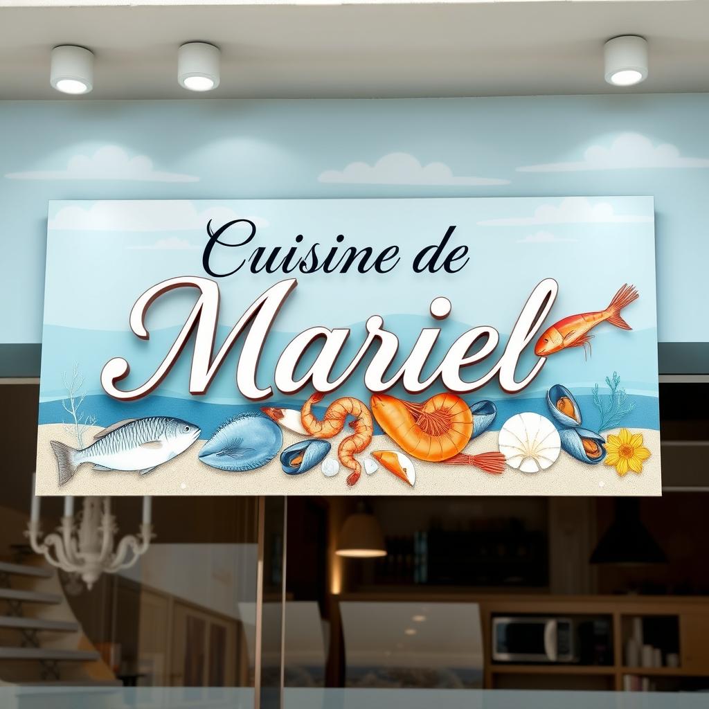 A beautifully designed signage for a seafood restaurant named 'Cuisine de Mariel'