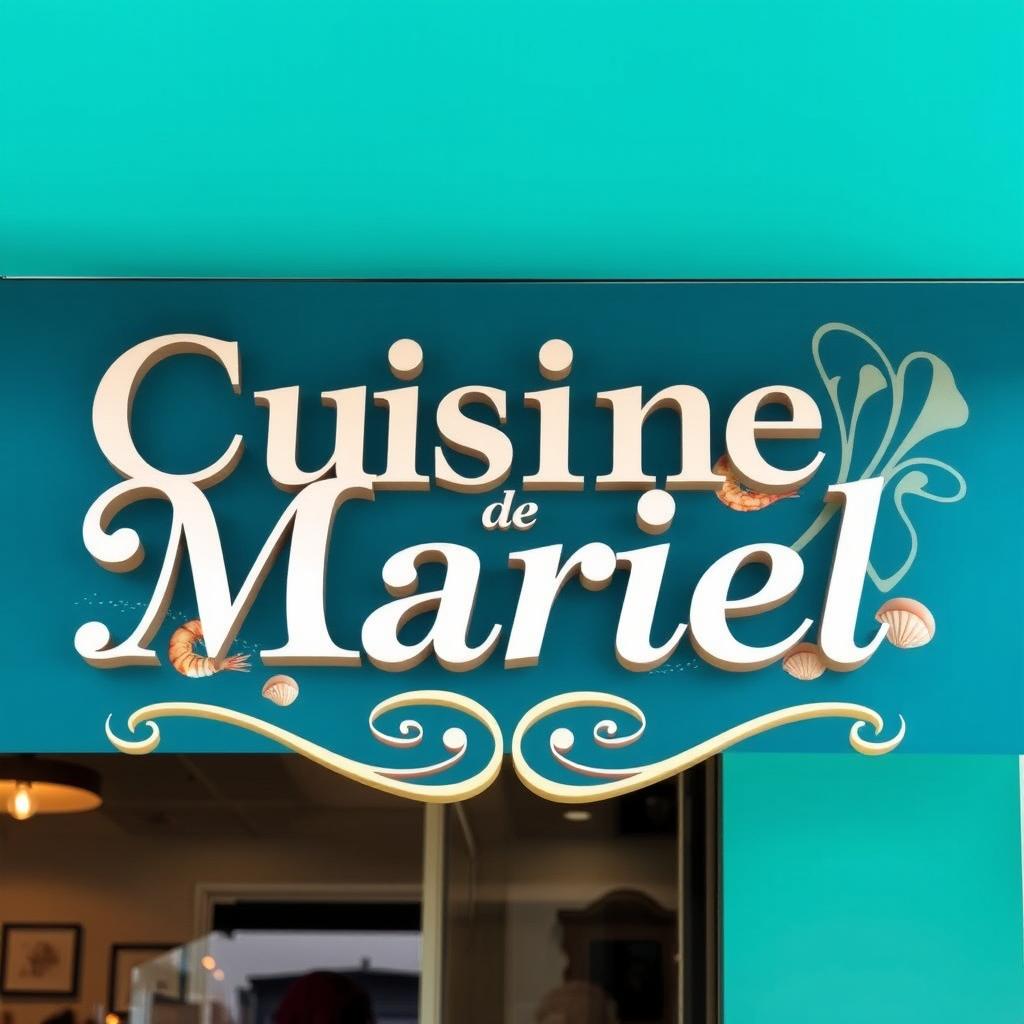 A beautifully designed restaurant signage for "Cuisine de Mariel", featuring elegant typography that emphasizes the name