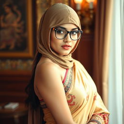 A hot Indian sexy girl confidently posing in a beautifully draped saree that hugs her curves, complemented by a slim, tightly fitted balaclava that adds an air of mystery