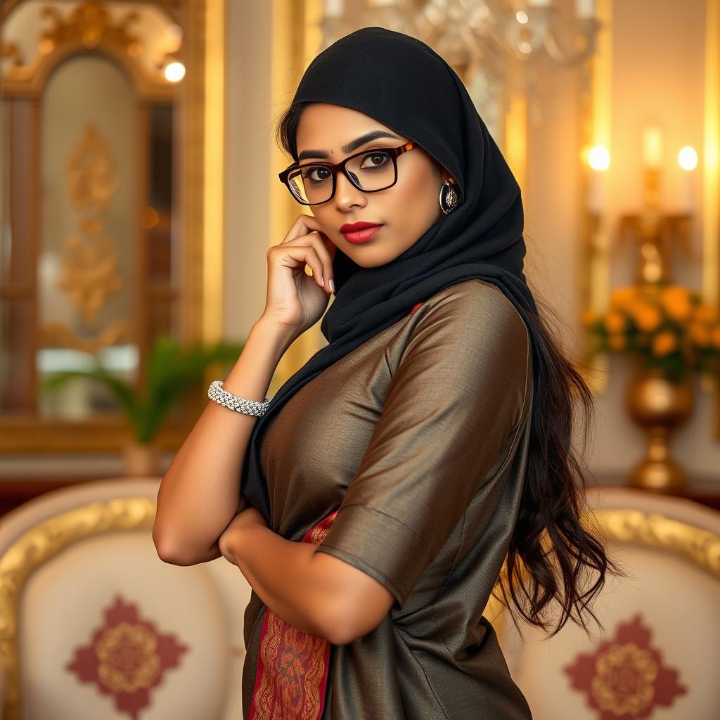 A hot Indian sexy girl confidently posing in a beautifully draped saree that hugs her curves, complemented by a slim, tightly fitted balaclava that adds an air of mystery