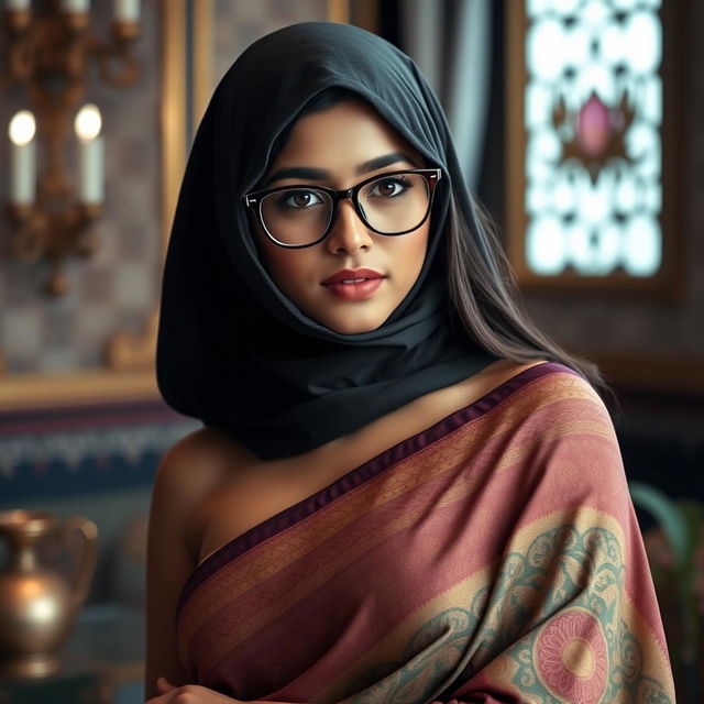 A hot Indian sexy girl confidently posing in a beautifully draped saree that hugs her curves, complemented by a slim, tightly fitted balaclava that adds an air of mystery
