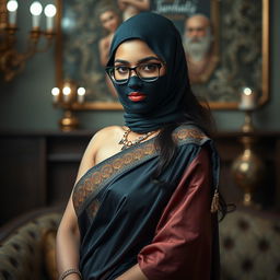 A hot Indian sexy girl confidently posing in a beautifully draped saree that hugs her curves, complemented by a slim, tightly fitted balaclava that adds an air of mystery